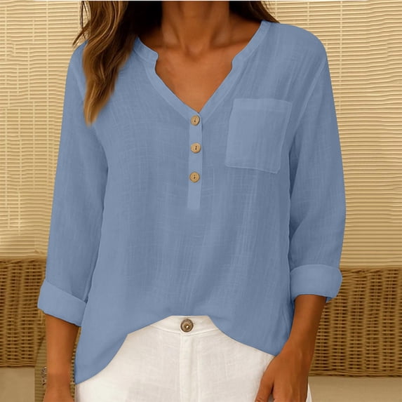 Chaoheng Ladies Short Sleeve Tops and Blouses Women's V-Neck Button Placket Top Linen Blend Short Sleeve Tee