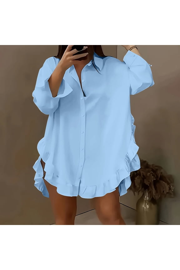 Long Sleeve T Shirts for Women Women's Flounce Hem Blouse Oversized Ruffle Dress Shirt