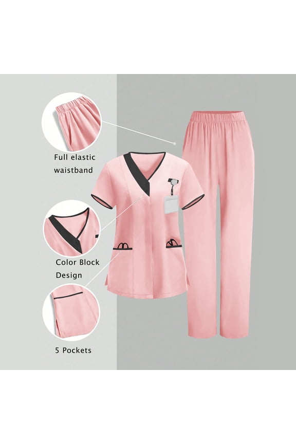 Nurse Uniform Scrub Sets Women's Nurse Uniform Scrubs Set Solid V-Neck Short Sleeve Tops & Pants 2-Piece