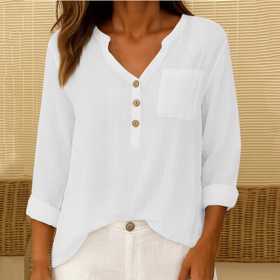 Chaoheng Plus Size Short Sleeve Shirts for Women Women's V-Neck Button Placket Top Linen Blend Short Sleeve Tee