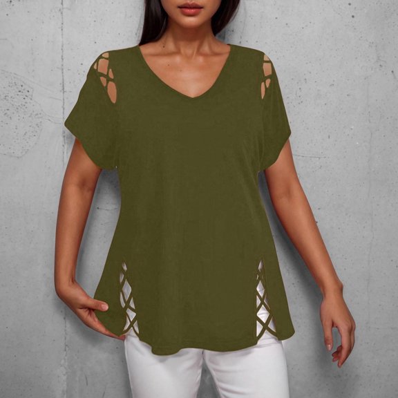 Chaoheng Womens Summer Tops Women's V-Neck Hollow-out Plus Size Short Sleeve Shirt,Army Green L