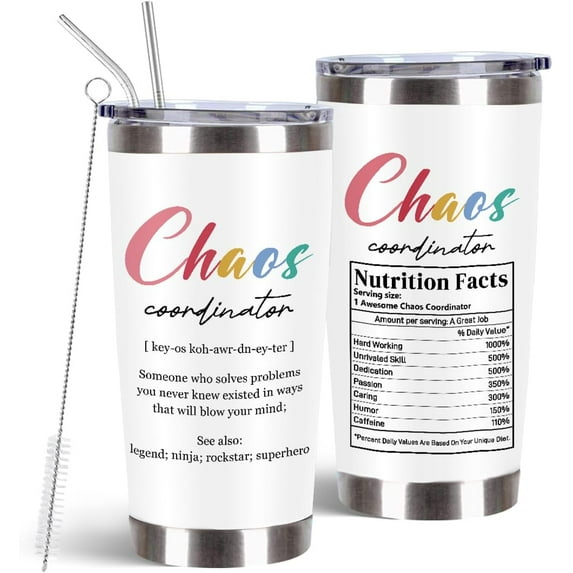 Chaos Coordinator Gifts, Thank You Gifts for Women, 20 Oz Chaos Coordinator Tumbler with Straw & Brush, Inspiration Work Gifts for Coworkers, Christmas Day Coworker Gifts for Women, Gifts for Boss