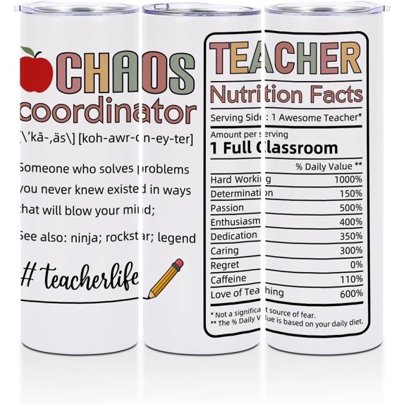 Chaos Coordinator Straight Skinny 20 oz Tumbler Teacher Gifts Water Bottle Teacher Appreciation Gifts for Women Men Coworker Friends Coffee Mug Insulated Tumblers Thermal Cup for Sports Work Travel