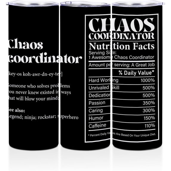 Chaos Coordinator Straight Skinny 20 oz Tumbler Thank You Gifts Water Bottle Employee Appreciation Gifts for Women Men Coworker Friends Coffee Mug Insulated Tumblers Thermal Cup for Sports Work Travel
