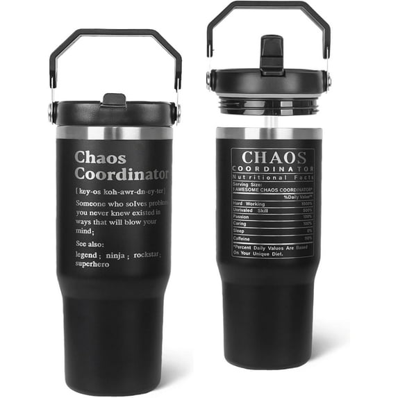 Chaos Coordinator Tumbler with Handle & Flip Straw Boss Gifts Laser-Engraved Travel Mug Water Bottle Gifts for Boss, Women,Men Mom,Dad,Coworker,Manager,Workers,Colleague-30 OZ(1PCS)