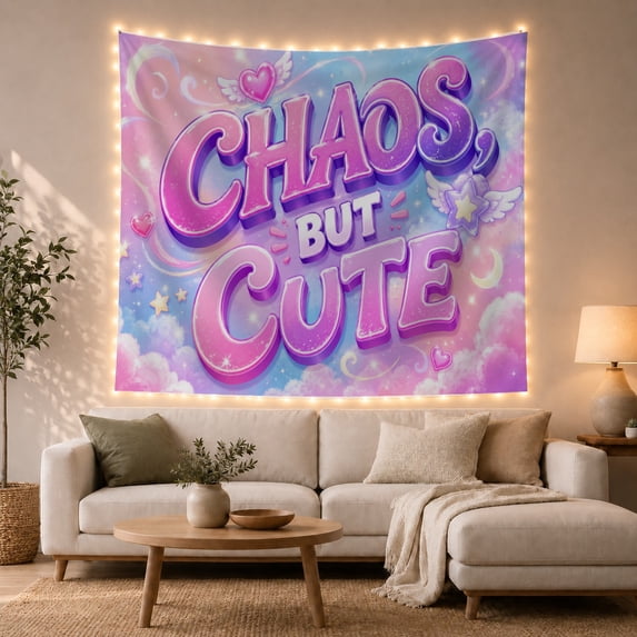 "Chaos, But Cute" Phrase in Fluffy Pastel Clouds, Playful Illustration for Teen Girls, Y2K Inspirational Room Decor, Housewarming Gift Tapestry Wall Hanging for Dorm and Bedroom
