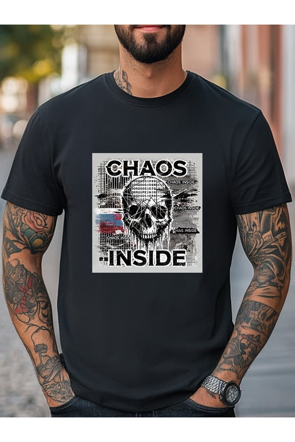 Chaos Inside Skull T-Shirt Grunge Distorted Glitch Unisex Casual T-shirt