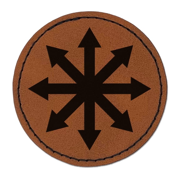 Chaos Symbol Arrows Pointing Out 2.5" Faux Leather Round Engraved Iron-On Patch - Brown