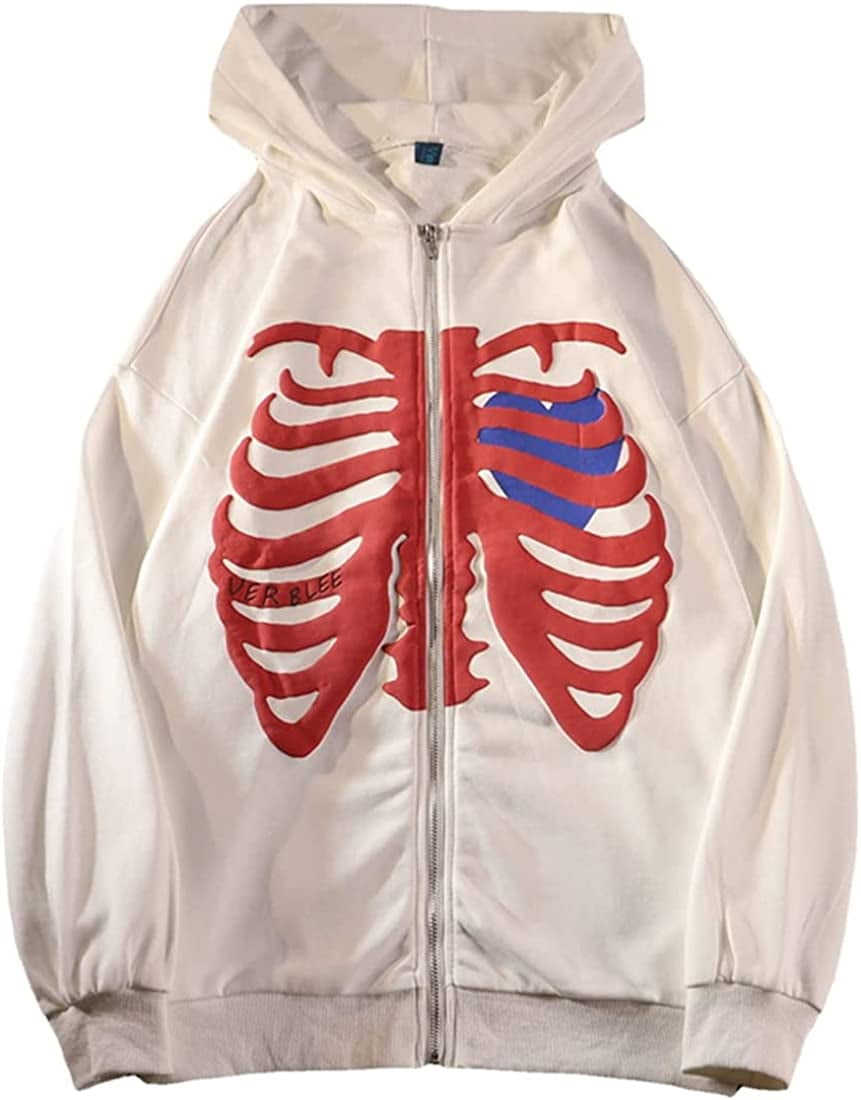 Chaos World Women's Zip Up Skeleton Print Hoodie Y2K E-Girl Long Sleeve Hooded Jacket Sweatshirt