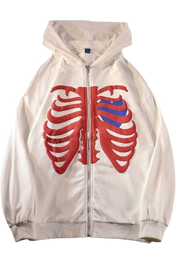 Women's Zip Up Skeleton Print Hoodie Y2K E-Girl Long Sleeve Hooded Jacket Sweatshirt