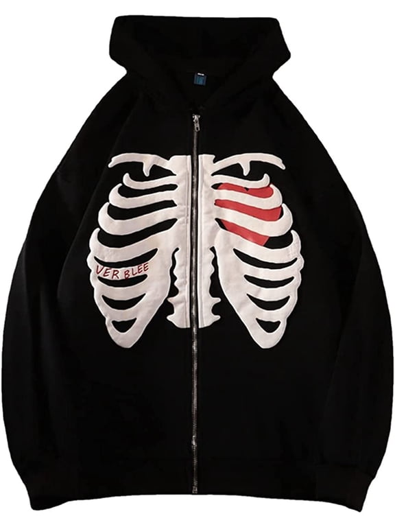 Women's Zip Up Skeleton Print Hoodie Y2K E-Girl Long Sleeve Hooded Jacket Sweatshirt