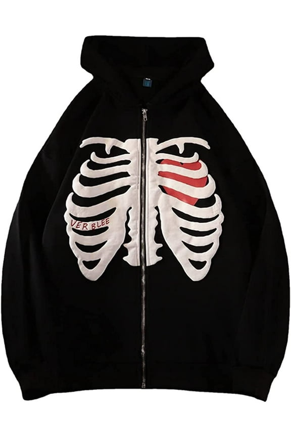 Women's Zip Up Skeleton Print Hoodie Y2K E-Girl Long Sleeve Hooded Jacket Sweatshirt