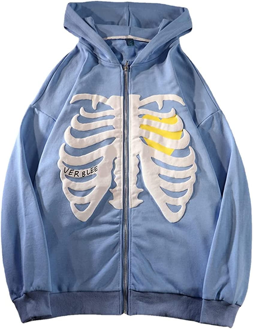 Chaos World Women's Zip Up Skeleton Print Hoodie Y2K E-Girl Long Sleeve Hooded Jacket Sweatshirt