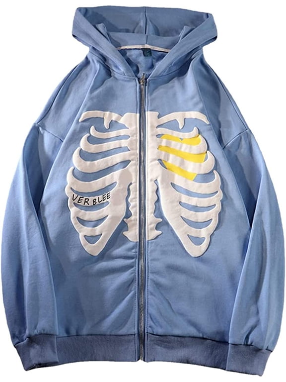 Women's Zip Up Skeleton Print Hoodie Y2K E-Girl Long Sleeve Hooded Jacket Sweatshirt