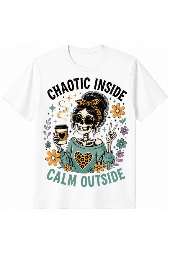 Chaotic Inside Calm Outside Skeleton Coffee Lover Shirt Funny Skull Floral Graphic Tee Retro Boho Leopard Heart Adults Unisex T-Shirt Halloween Gift for Women Mom Grandma Wife Friends