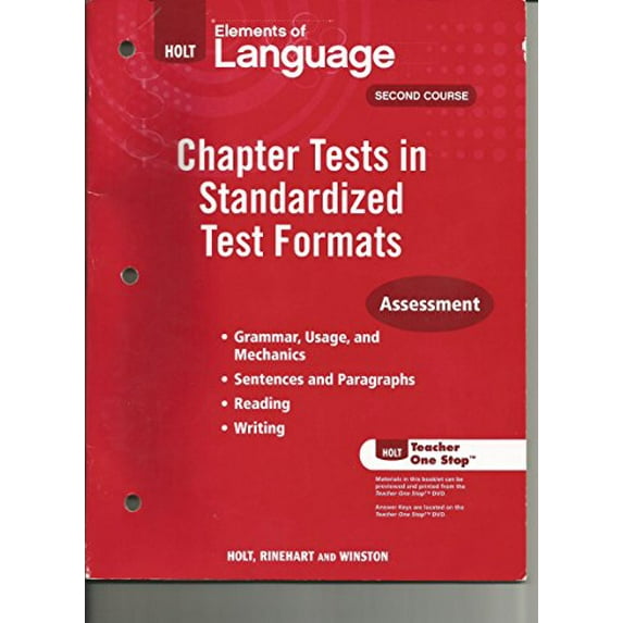 Pre-Owned Holt Elements of Language Second Course, Chapter Tests in Standardized Test Formats Assessment, Grade 8, 9780030993138, 003099313X, Paperback,