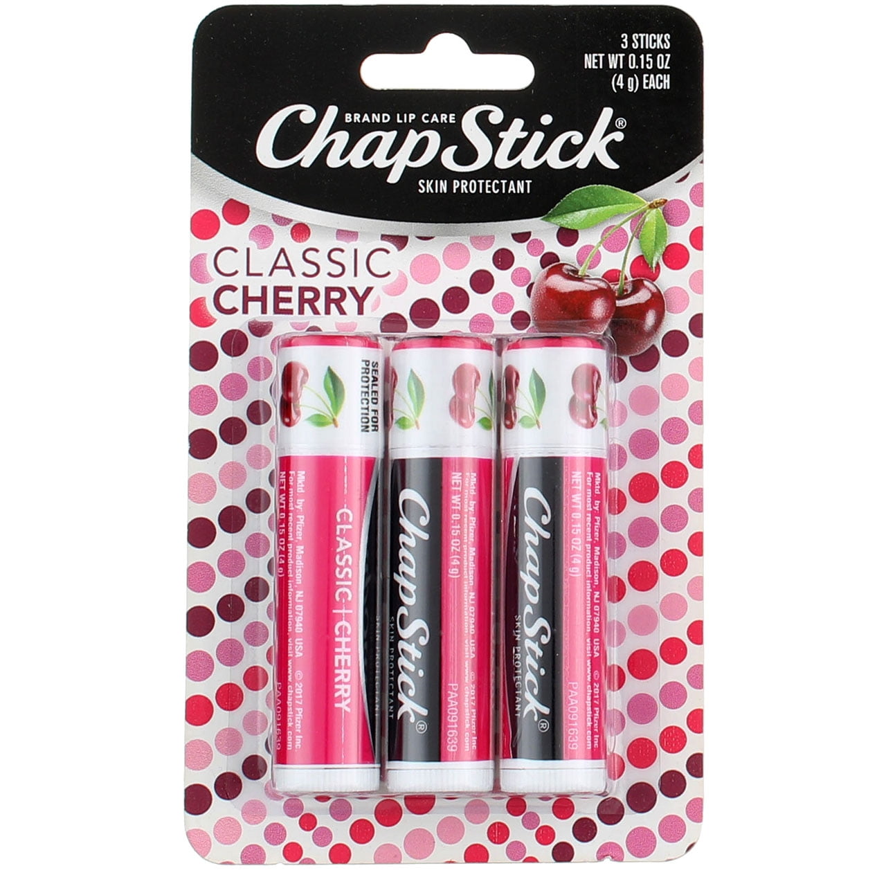 Chapstick Classic Lip Balm, Classic Cherry, 3 Ct, 0.15 oz (4 pack)