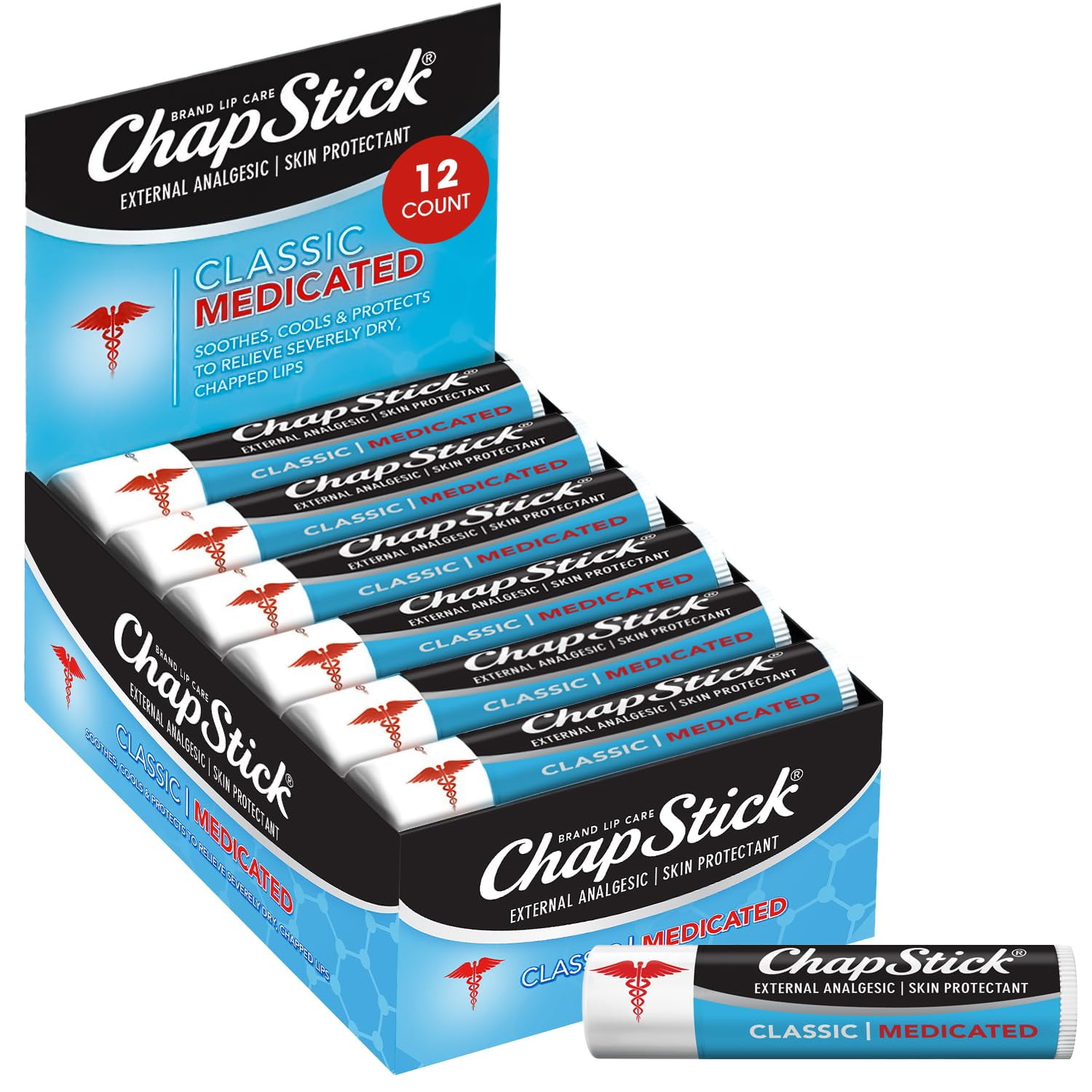 ChapStick Bulk Medicated Lip Balm 12-Pack – External Analgesic, Skin Protectant for Dry Lips 0.15 Oz Ea
