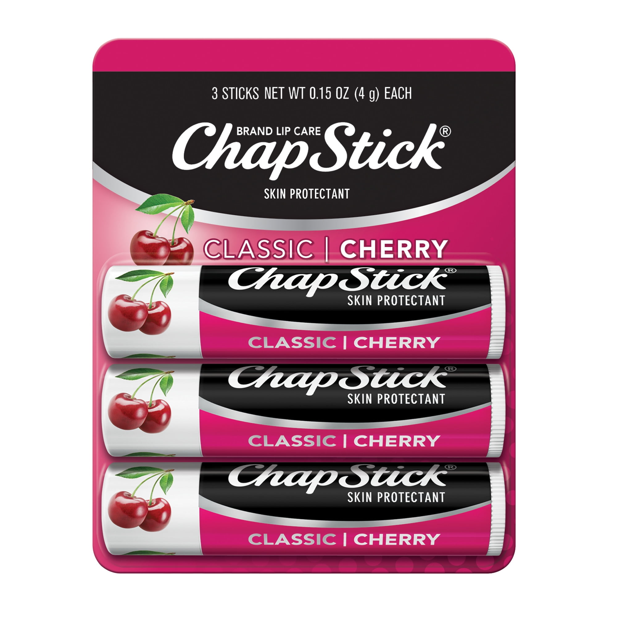 ChapStick Classic Skin Protectant Flavored Lip Balm Tube, 0.15 oz Each (Cherry Flavor, 1 Blister Packs of 3 Sticks)