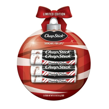 ChapStick Classic Skin Protectant Candy Cane Flavored Lip Balm Tube, 0.15 Ounce Each, Holiday Ornament Pack 1 Blister Packs of 5 Sticks