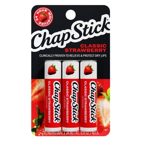 ChapStick Classic Strawberry Flavored Lip Protectant Stick, Prevent Chapping, 24 Hour Moisturizing Lip Balm, Relieves Dryness, 3-Pack, 0.15 oz Each