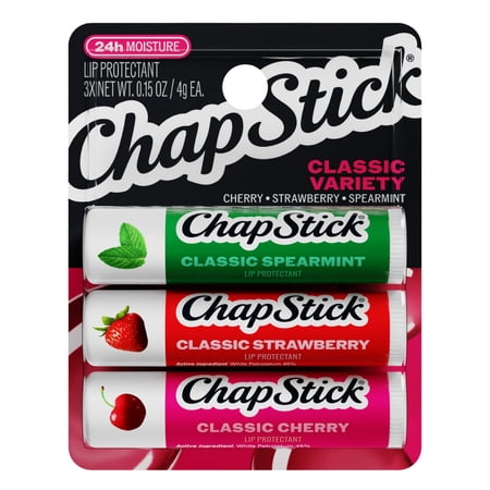 ChapStick Classic Flavored Lip Protectant Variety Pack, Prevent Chapping, 24 Hour Moisturizing Lip Balm, Relieves Dryness, 3-Pack, 0.15 oz Each