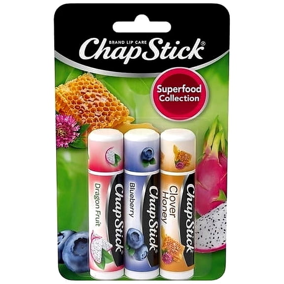ChapStick Lip Balm, Superfood Collection 3-Pack  Dragon Fruit, Blueberry & Clover Honey, Moisturizer for Dry Lips, 0.15 Oz