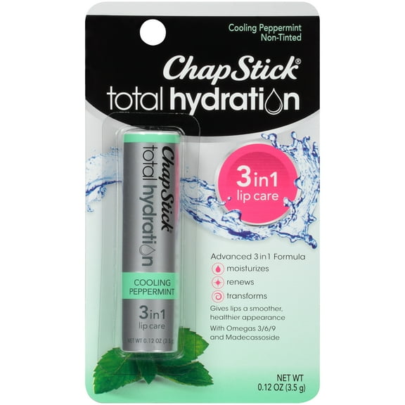 ChapStick Total Hydration (Cooling Peppermint Flavor, 0.12 Ounce) Flavored Lip Balm Tube, 3 in 1 Lip Care, Contains Omegas 3 6 9