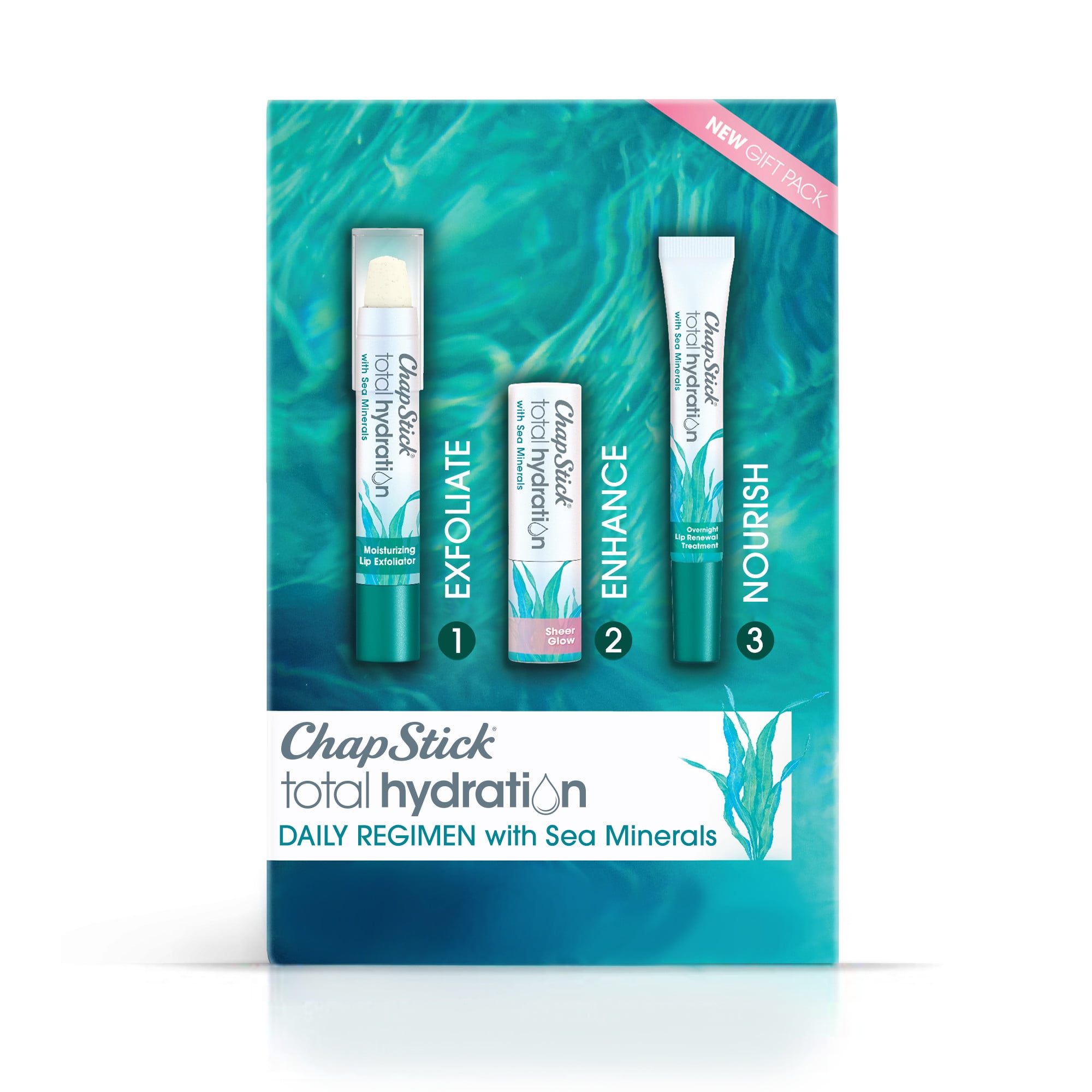 ChapStick Total Hydration Sea Minerals Holiday Gift Set with Moisturizing Lip Exfoliator, Overnight Lip Moisturizer and Tinted Lip Balm Stocking Stuffers - Pack of 3