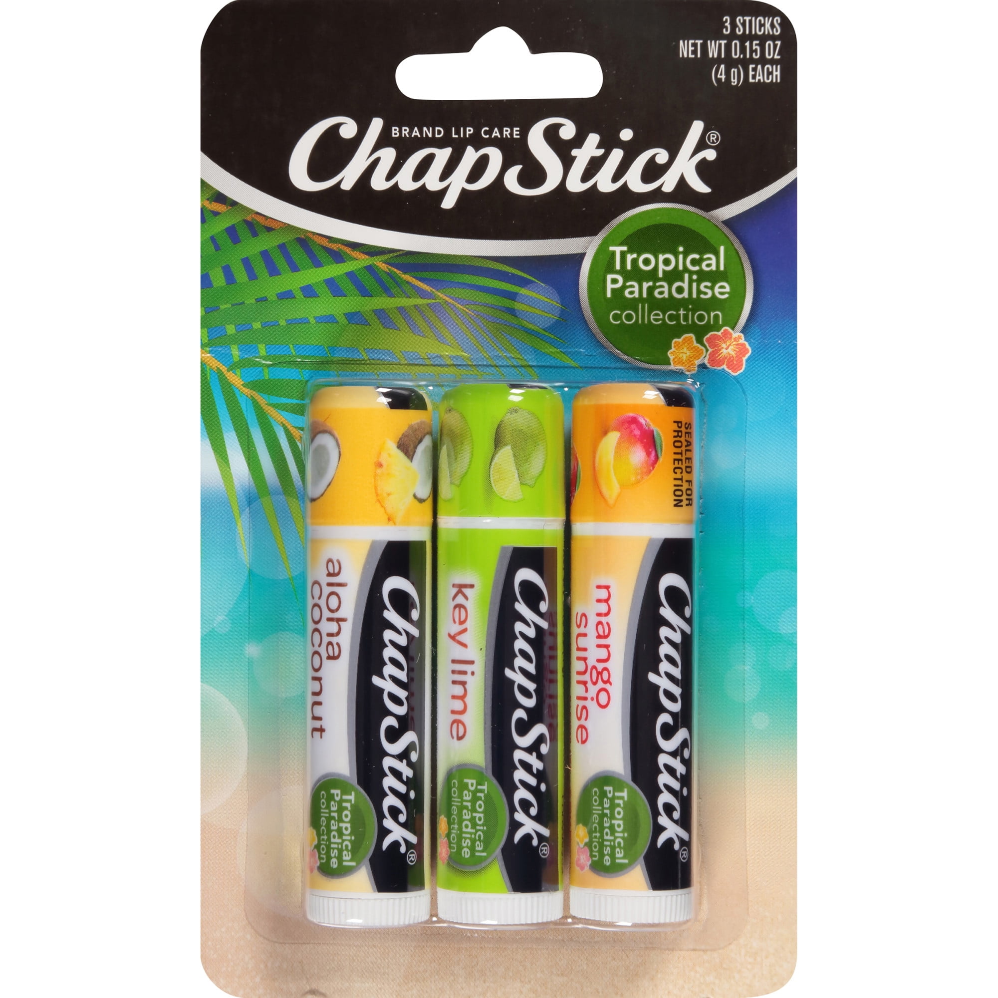 ChapStick Tropical Paradise Collection Mango, Lime and Coconut Lip Balm Tubes Variety Pack - 0.15 Oz (Blister Pack of 3)