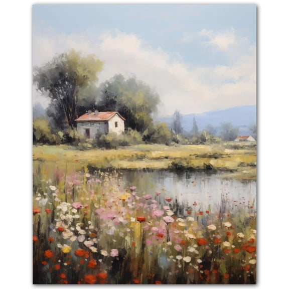 Chapel Trail Through Blooming Fields  Landscape Poster Print - Country Spring Wall Art for Bathroom, Entryway, or Kitchen - Vintage Wildflower Nature Scene for Wall Decor poster