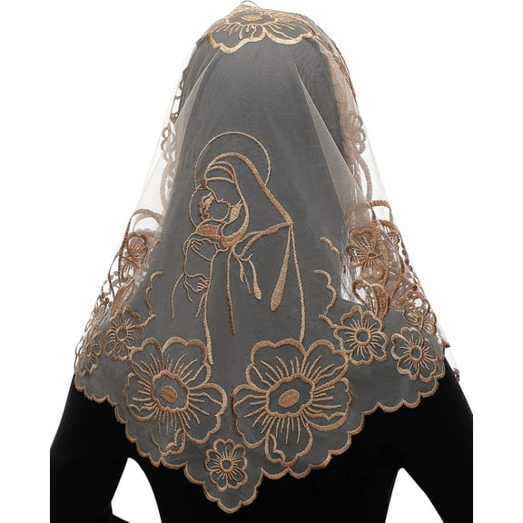 Chapel Veils Catholic Mass Mantilla - Virgin and Child Embroidery Lace Triangle Head Coverings Floral Church Veil