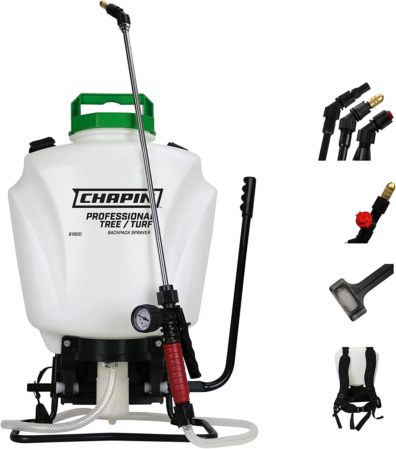 Chapin 61900 4 Gallon Tree and Turf Pro Commercial Backpack Sprayer with Stainless Steel Wand, 3 nozzles, 3 Stage Filtration, Translucent White