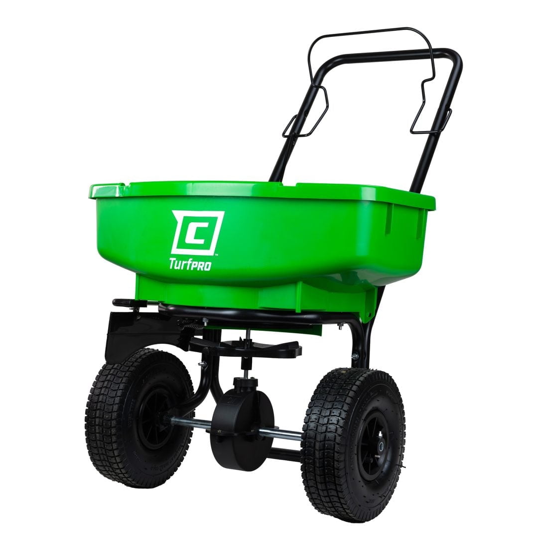 Chapin 89000A Spreader, Lawn and Garden, 80Lbs, TurfPro, Broadcast, Push, Walk Behind, 10" Tires, Weather-Proof, Poly Hopper, Pull-Bar Lever with 15 Setting Gate, Spreads Fertilizer and Seeds
