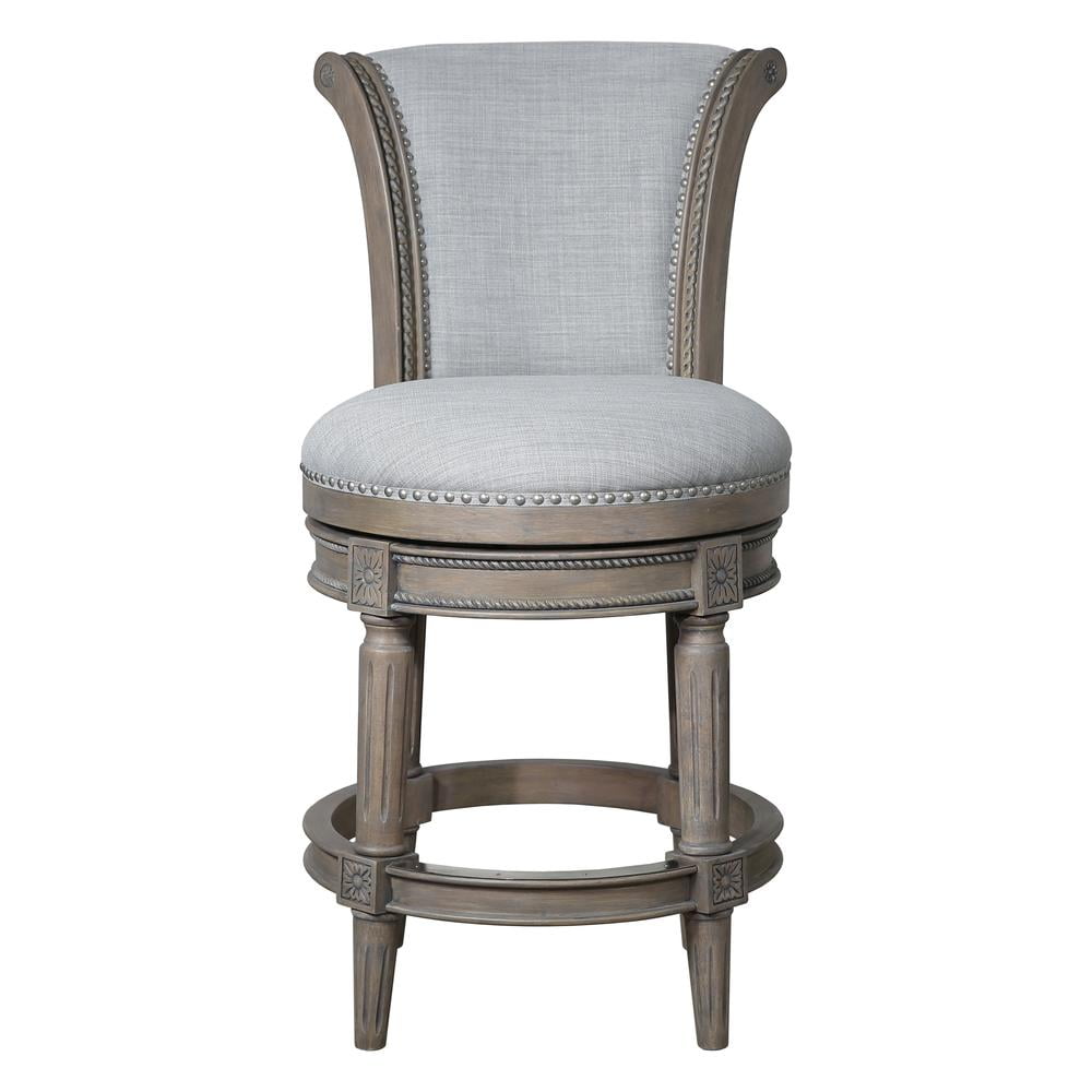 Weathered Gray Wood Swivel Counter-Height Barstool with Linen Upholstery