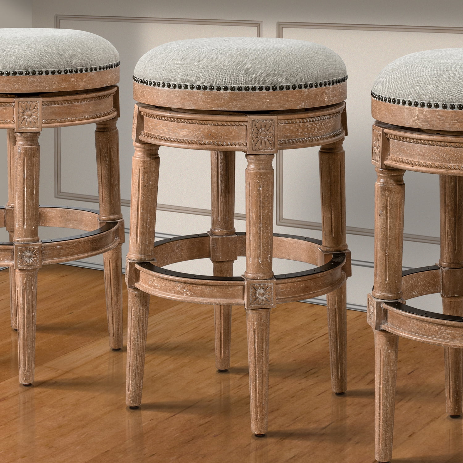 Weathered Natural Oak Backless Swivel Bar Stool with Gray Upholstered Seat
