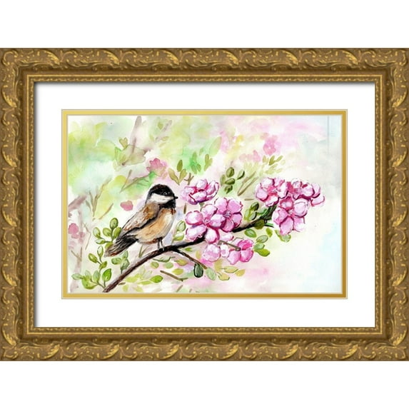 Chapman, Marcy 18x13 Gold Ornate Wood Framed with Double Matting Museum Art Print Titled - Spring Chickadee and Apple Blossoms