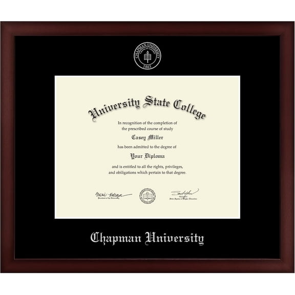Chapman University 11" w x 8.5" h Diploma Frame - Fits a bachelor's and master's - Gold Embossed Diploma Frame - Cherry Moulding with Black Matting - Officially Licensed