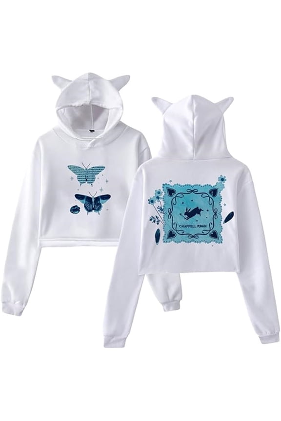 Chappell Roan Merch 2025 World Tour Butterfly Print Cat Ear Hoodie Women's Long Sleeve Fashion Sweatshirt,M,White