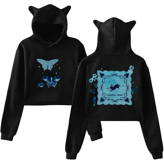 Chappell Roan Merch 2025 World Tour Butterfly Print Cat Ear Hoodie Women's Long Sleeve Fashion Sweatshirt,S,Black