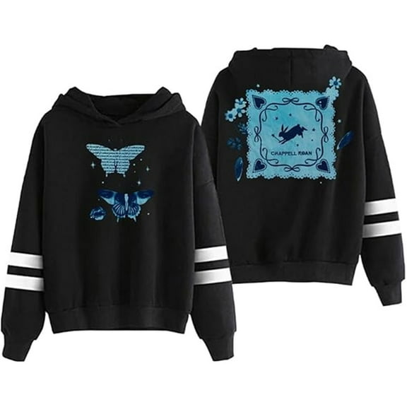Chappell Roan Merch 2025 World Tour Butterfly Print Hoodie Unisex Pocketless Double-bar Sleeve Sweatshirt,XS,Black