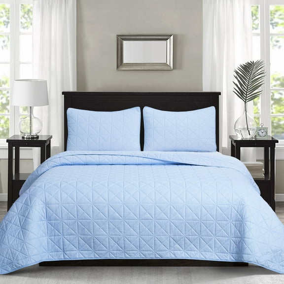 Chaps 3-Piece Jersey Knit Microfiber Quilt and Sham Set - Solid Coverlet Comforter - Blue - Size King
