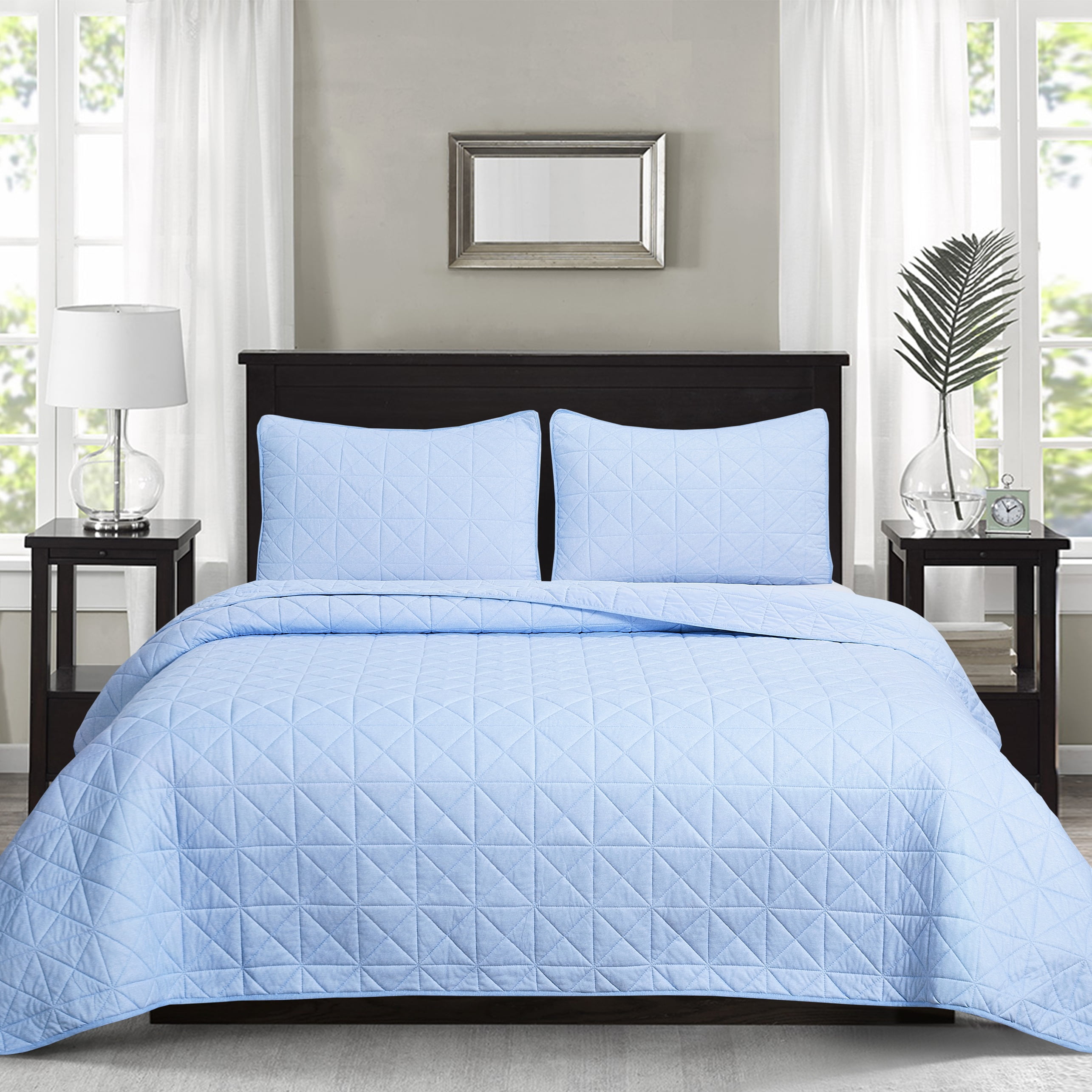 Chaps 3-Piece Jersey Knit Microfiber Quilt and Sham Set - Solid Coverlet Comforter - Blue - Size King