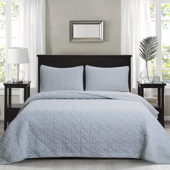 Chaps 3-Piece Jersey Knit Microfiber Quilt and Sham Set - Solid Coverlet Comforter - Grey - Size Full/Queen