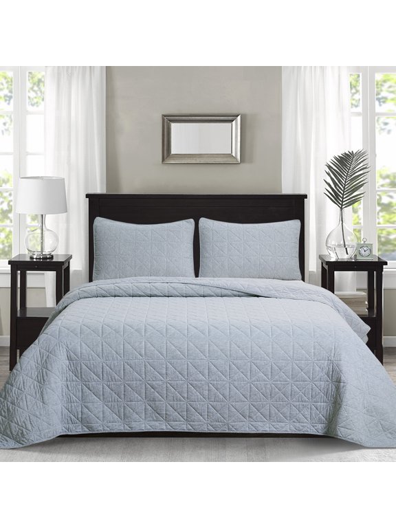 3-Piece Jersey Knit Microfiber Quilt and Sham Set - Solid Coverlet Comforter - Grey - Size Full/Queen