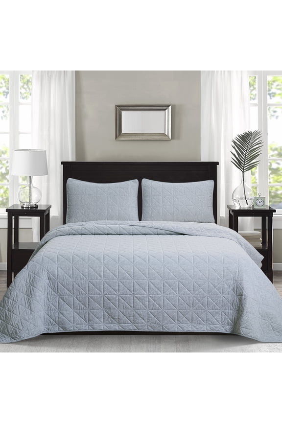 3-Piece Jersey Knit Microfiber Quilt and Sham Set - Solid Coverlet Comforter - Grey - Size King