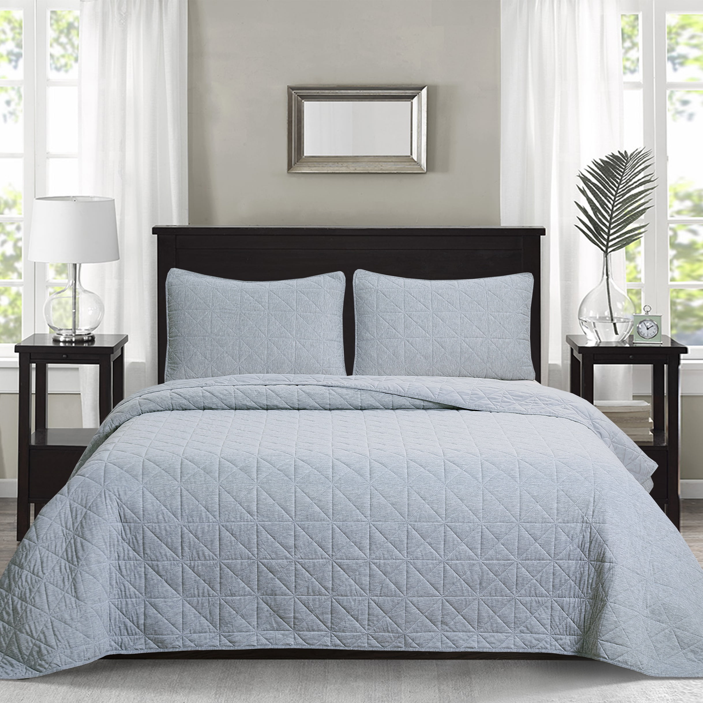 Chaps 3-Piece Jersey Knit Microfiber Quilt and Sham Set - Solid Coverlet Comforter - Grey - Size King