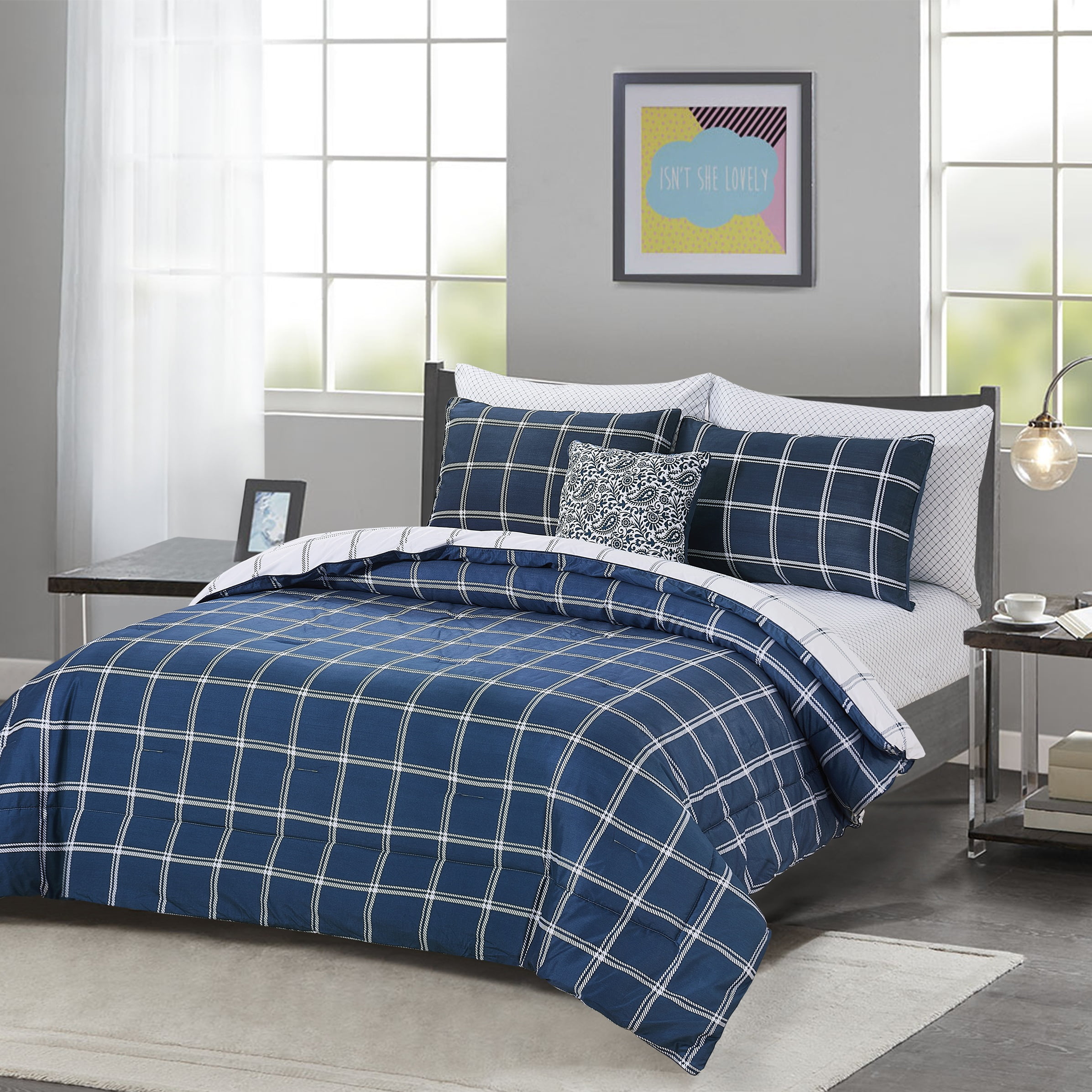 Chaps 8Piece Plaid Bedding Comforter Set Bed in a Bag Navy Size