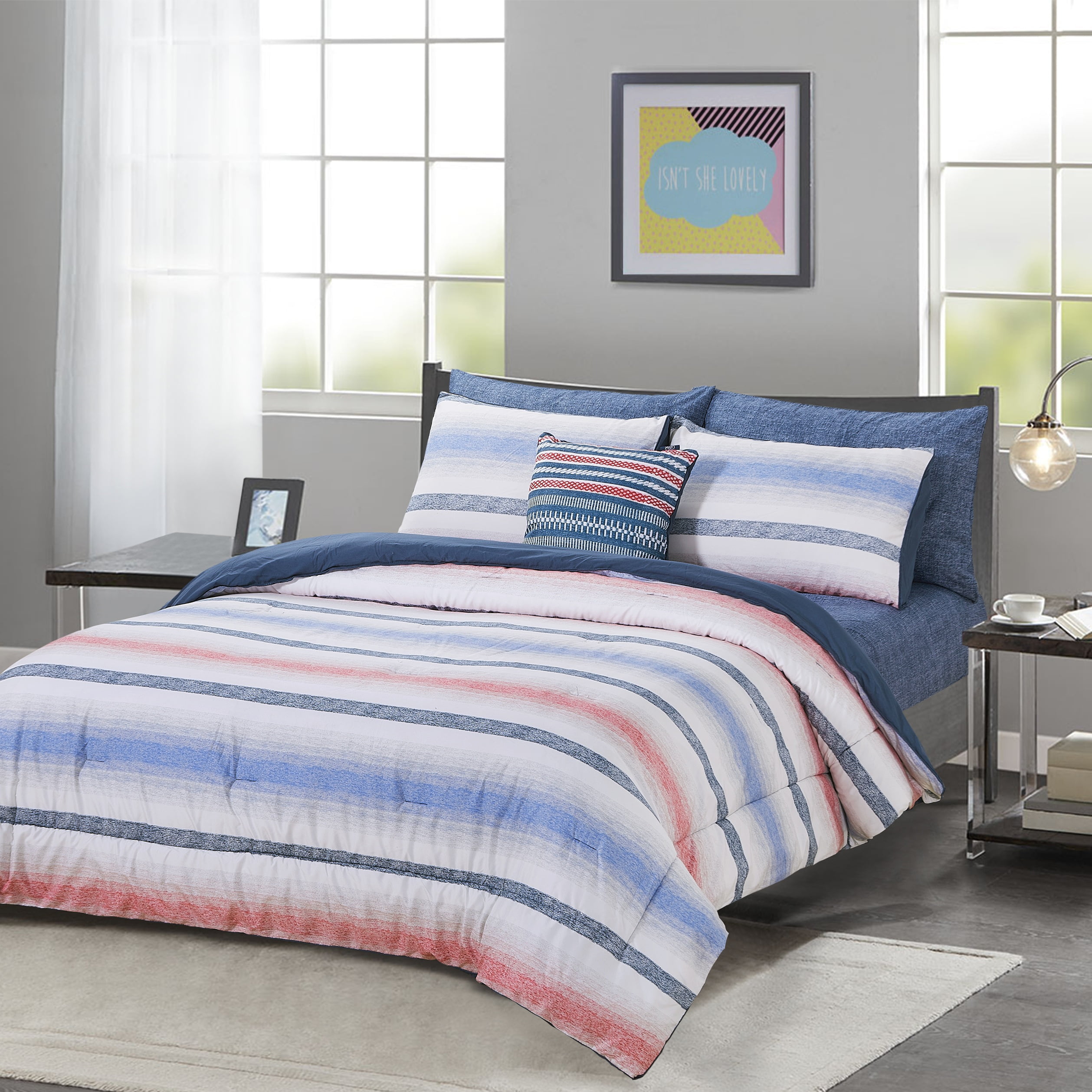 Chaps 8-Piece Stripe Bedding Comforter Set - Bed in a Bag Reversible to  Solid - Blue - Size King 