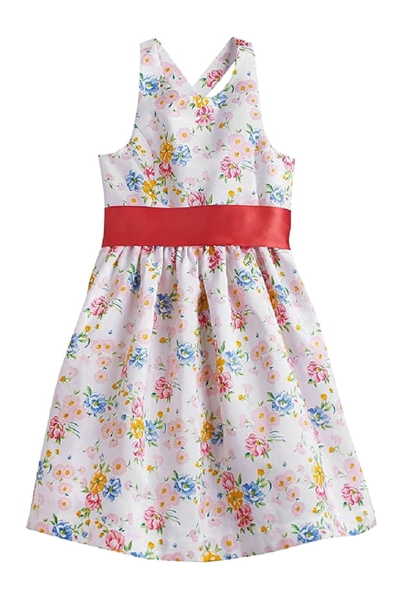 Big Girl's White Floral Cross Back Dress with Ribbon (Small 8)